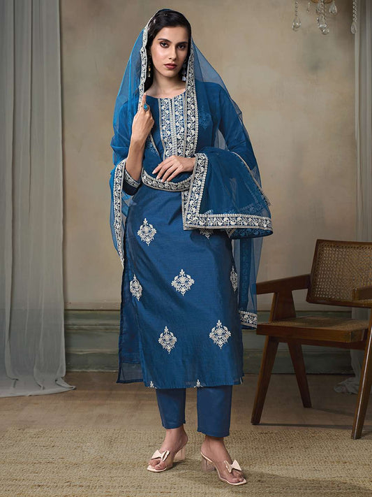 Floral Embroidered Chanderi Cotton Kurta With Palazzos & Dupatta