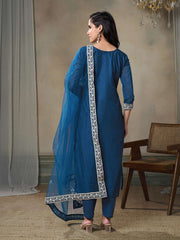 Floral Embroidered Chanderi Cotton Kurta With Palazzos & Dupatta