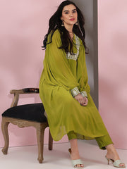 Green Women Floral Yoke Design Pleated Thread Work Kurta with Trousers