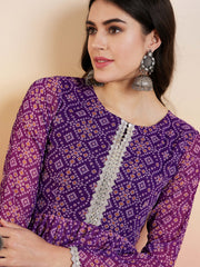 Purple Bandhani Printed Yoke Design Pleated Gotta Patti Kurti With Sharara
