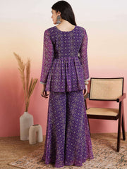 Purple Bandhani Printed Yoke Design Pleated Gotta Patti Kurti With Sharara