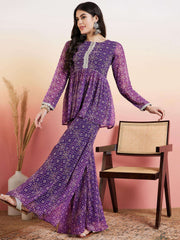 Purple Bandhani Printed Yoke Design Pleated Gotta Patti Kurti With Sharara