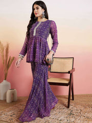 Purple Bandhani Printed Yoke Design Pleated Gotta Patti Kurti With Sharara