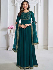 Teal Women Geometric Flared Sleeves Floral Georgette Kurta