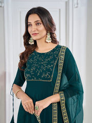 Teal Women Geometric Flared Sleeves Floral Georgette Kurta