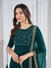 Teal Women Geometric Flared Sleeves Floral Georgette Kurta
