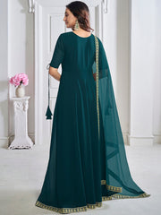 Teal Women Geometric Flared Sleeves Floral Georgette Kurta