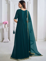 Teal Women Geometric Flared Sleeves Floral Georgette Kurta