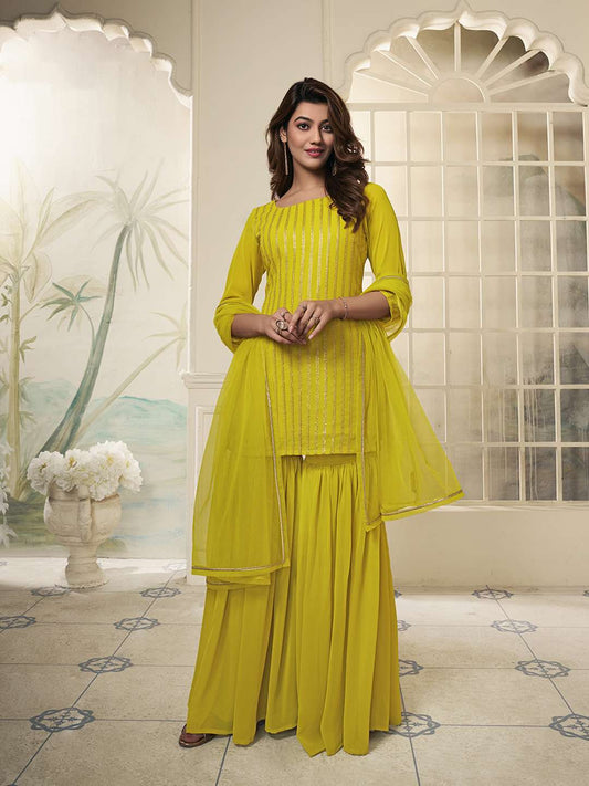 Women Embroidered Regular Kurta with Sharara & With Dupatta