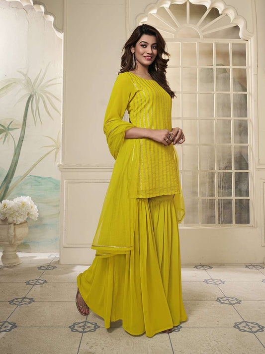 Women Embroidered Regular Kurta with Sharara & With Dupatta