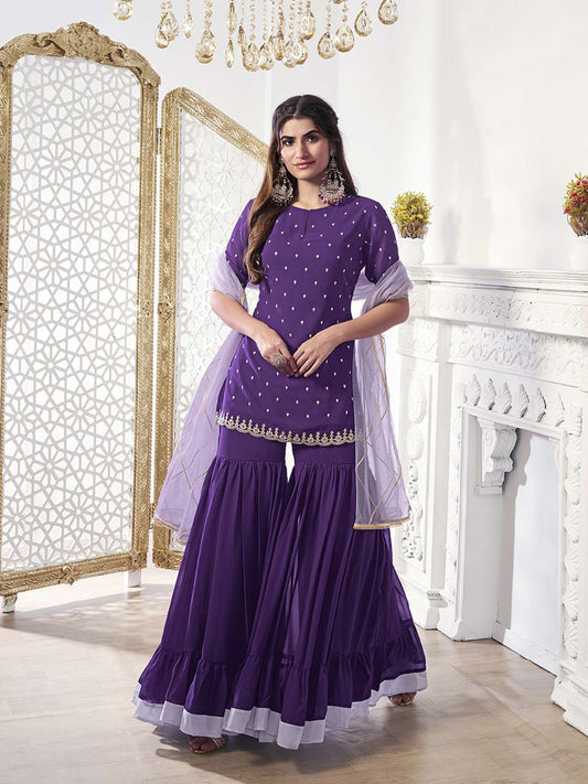 Women Ethnic Motifs Embroidered Regular Sequinned Kurta with Sharara & With Dupatta