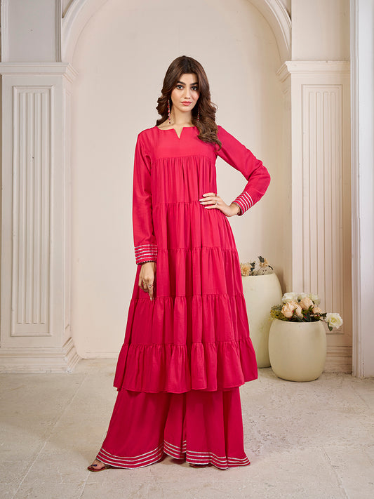 Tiered Gotta Detailing Flared Ethnic Tunic With Palazzos