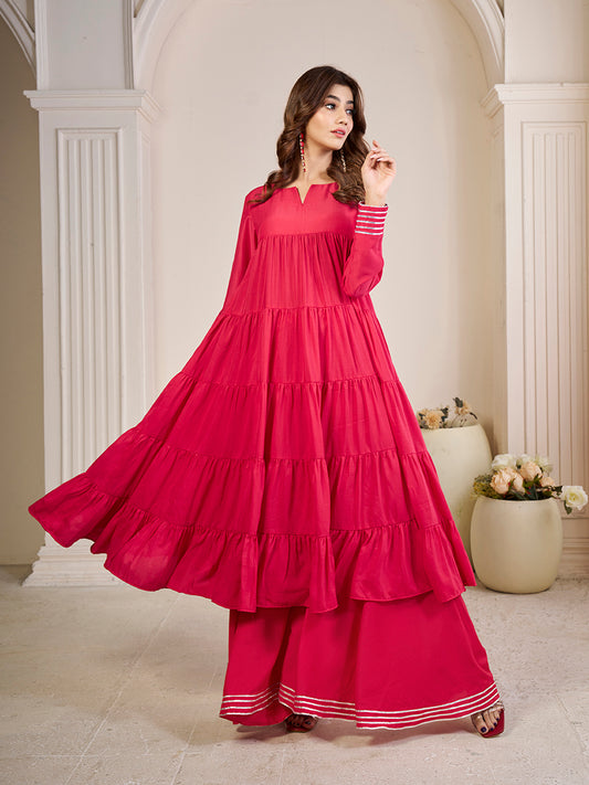 Tiered Gotta Detailing Flared Ethnic Tunic With Palazzos