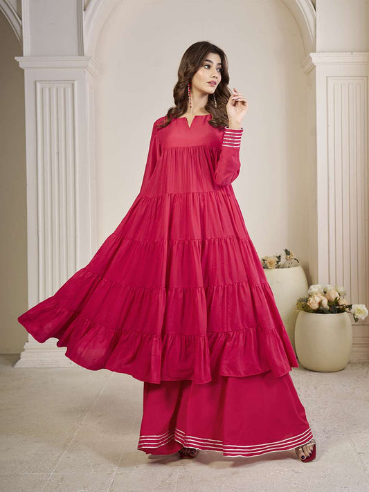 Tiered Gotta Detailing Flared Ethnic Tunic With Palazzos