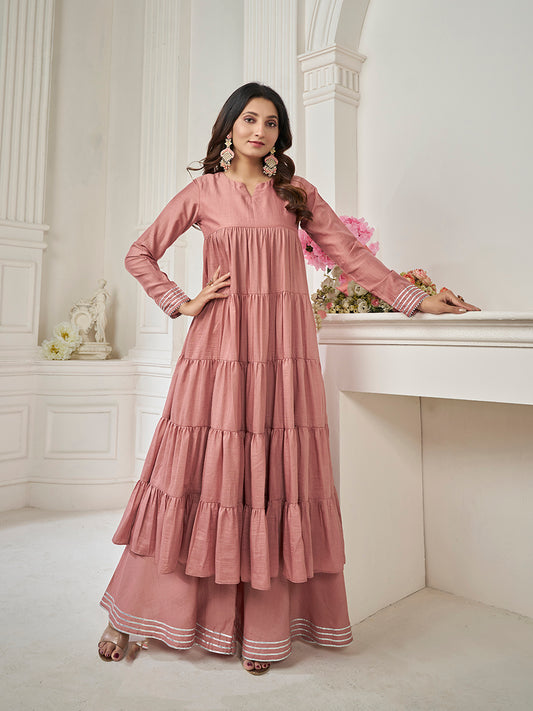 Tiered Gotta Detailing Flared Ethnic Tunic With Palazzos