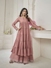 Tiered Gotta Detailing Flared Ethnic Tunic With Palazzos