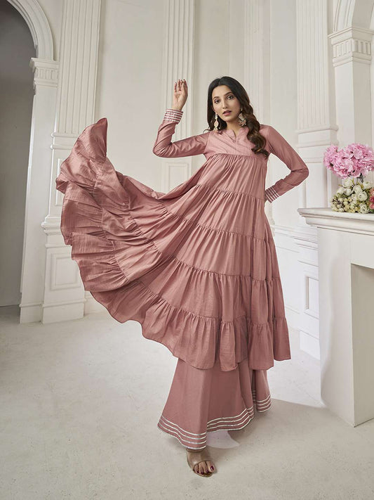 Tiered Gotta Detailing Flared Ethnic Tunic With Palazzos