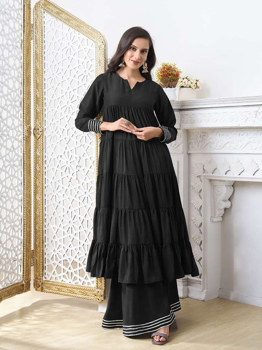 Tiered Gotta Detailing Flared Ethnic Tunic With Palazzos