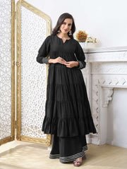 Tiered Gotta Detailing Flared Ethnic Tunic With Palazzos