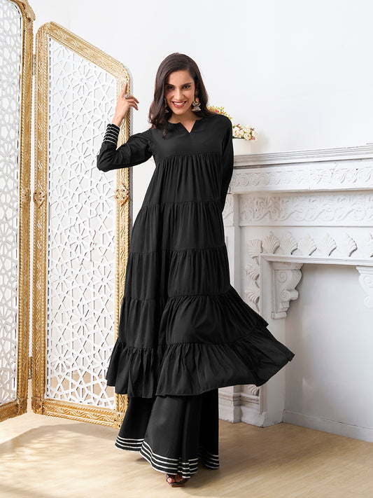 Tiered Gotta Detailing Flared Ethnic Tunic With Palazzos