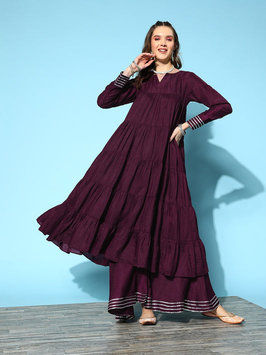 Tiered Gotta Detailing Flared Ethnic Tunic With Palazzos