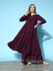 Tiered Gotta Detailing Flared Ethnic Tunic With Palazzos