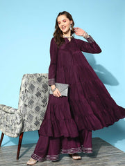 Tiered Gotta Detailing Flared Ethnic Tunic With Palazzos