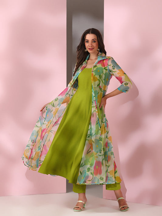 Green Women Floral Printed Empire Kurta with Trousers