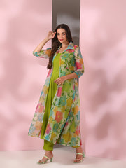 Green Women Floral Printed Empire Kurta with Trousers