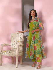 Green Women Floral Printed Empire Kurta with Trousers