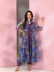 Blue Women Floral Printed Empire Kurta with Trousers