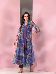 Blue Women Floral Printed Empire Kurta with Trousers