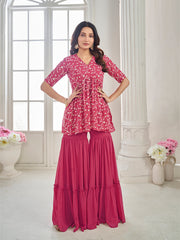 Floral Embroidered V Neck Top With Sharara Co-Ords