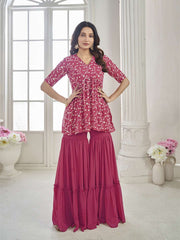 Floral Embroidered V Neck Top With Sharara Co-Ords