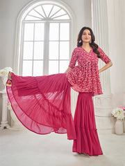 Floral Embroidered V Neck Top With Sharara Co-Ords