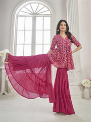 Floral Embroidered V Neck Top With Sharara Co-Ords