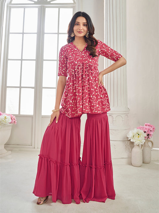 Floral Embroidered V Neck Top With Sharara Co-Ords