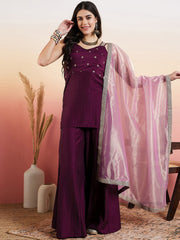 Mauve Women Ethnic Motifs Embroidered Regular Thread Work Kurta with Palazzos & With Dupatta