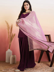 Mauve Women Ethnic Motifs Embroidered Regular Thread Work Kurta with Palazzos & With Dupatta
