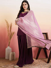Mauve Women Ethnic Motifs Embroidered Regular Thread Work Kurta with Palazzos & With Dupatta
