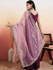 Mauve Women Ethnic Motifs Embroidered Regular Thread Work Kurta with Palazzos & With Dupatta