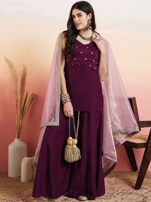 Mauve Women Ethnic Motifs Embroidered Regular Thread Work Kurta with Palazzos & With Dupatta