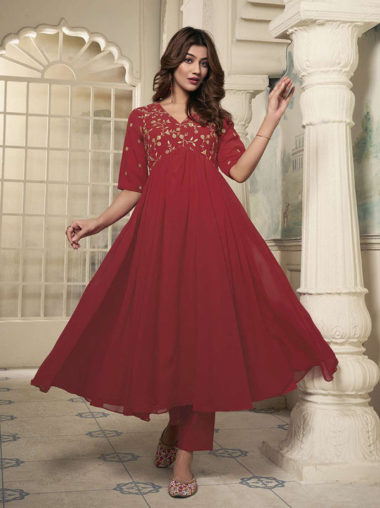 Women Floral Embroidered Empire Thread Work Kurta with Trousers