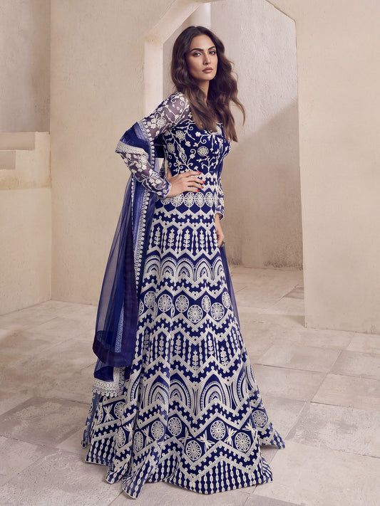 Floral Thread Embroidered Anarkali Kurta with Dupatta
