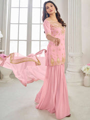 Pink Women Ethnic Motifs Embroidered Regular Thread Work Kurti with Sharara & With Dupatta