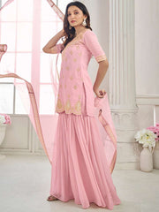 Pink Women Ethnic Motifs Embroidered Regular Thread Work Kurti with Sharara & With Dupatta