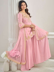 Pink Women Ethnic Motifs Embroidered Regular Thread Work Kurti with Sharara & With Dupatta