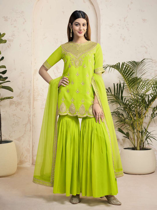 Women Ethnic Motifs Embroidered Regular Sequinned Kurta with Sharara & With Dupatta