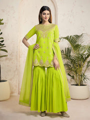 Women Ethnic Motifs Embroidered Regular Sequinned Kurta with Sharara & With Dupatta