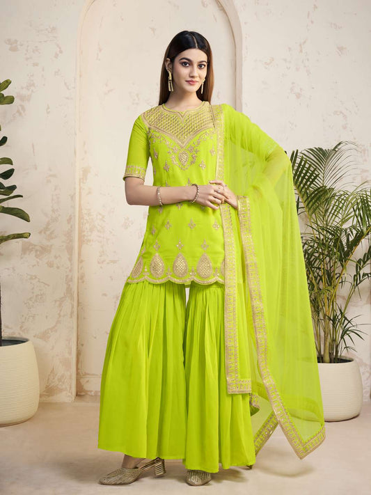 Women Ethnic Motifs Embroidered Regular Sequinned Kurta with Sharara & With Dupatta